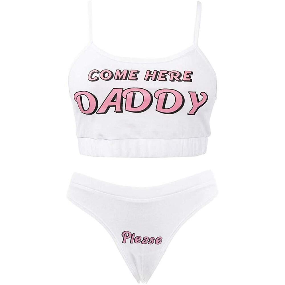 8286 Sexy Come Here Daddy Please Print Strappy Lingerie Set 2PCS See Tank